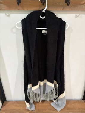 David and Young Black Hooded Fringe Open Cardigan with Cream and Gray Accents